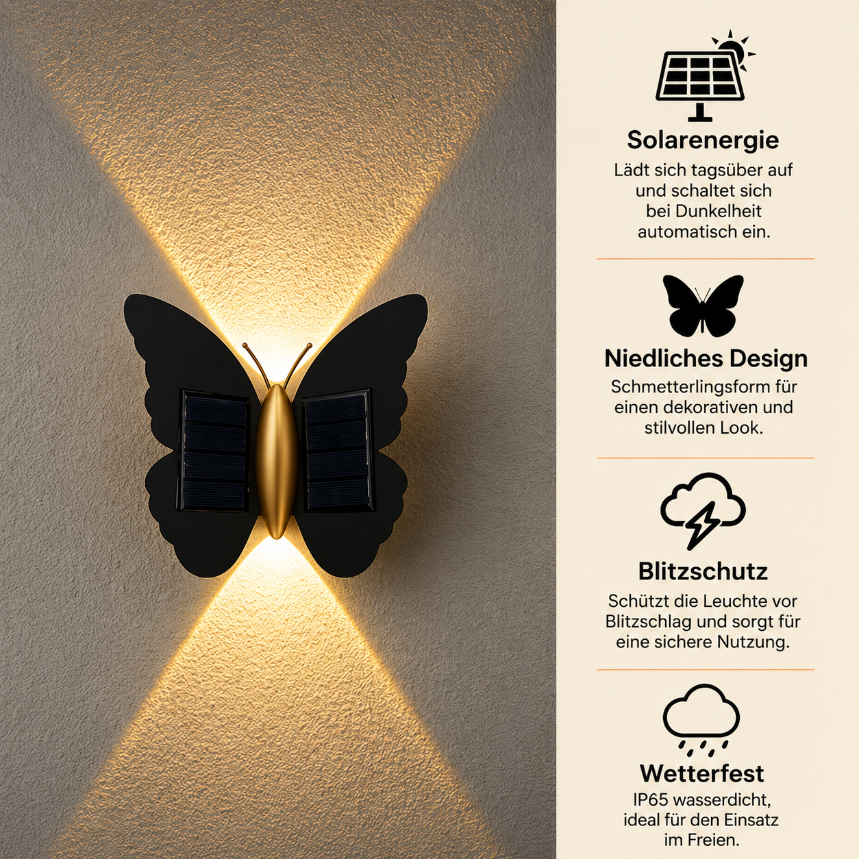 Fiorina | Dekorative Solar-Wandleuchte mit Schmetterlingsdesign & Bewegungsmelder
